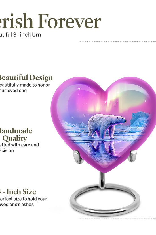 Petal Pink Bear Cremation Urn front view showing detailed design - romantic heart urn with bear motif on aluminum - mini keepsake memorial for portion of cremation ashes