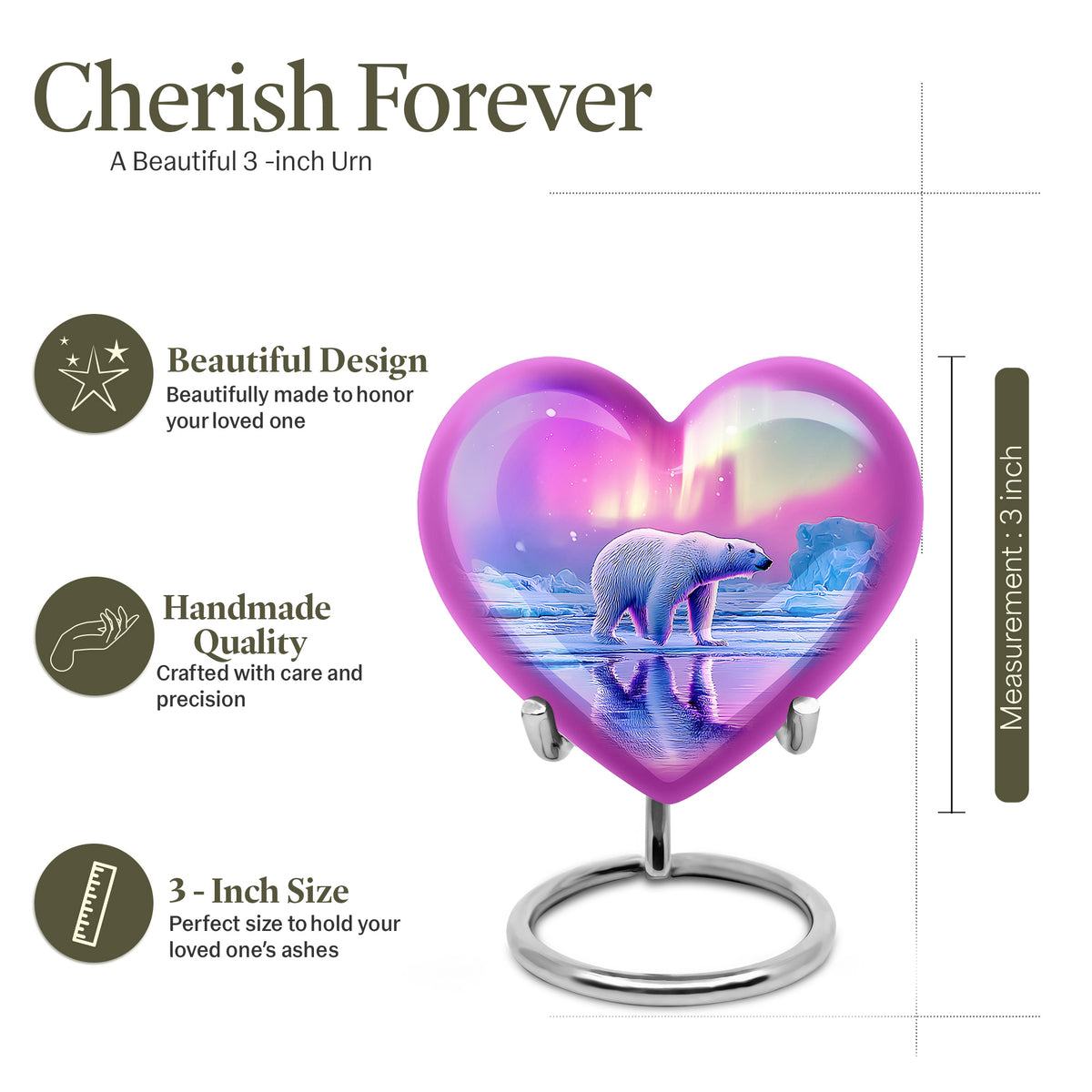 Petal Pink Bear Cremation Urn front view showing detailed design - romantic heart urn with bear motif on aluminum - mini keepsake memorial for portion of cremation ashes