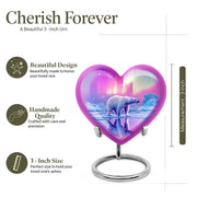 Petal Pink Bear Cremation Urn front view showing detailed design - romantic heart urn with bear motif on aluminum - mini keepsake memorial for portion of cremation ashes