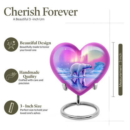 Petal Pink Bear Cremation Urn front view showing detailed design - romantic heart urn with bear motif on aluminum - mini keepsake memorial for portion of cremation ashes