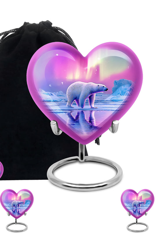 Coral Pink Bear Cremation Urn close-up of engraving and surface detail - heart-shaped bear design symbolizing eternal love - memorial set with one large and four small urns