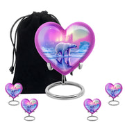 Coral Pink Bear Cremation Urn close-up of engraving and surface detail - heart-shaped bear design symbolizing eternal love - memorial set with one large and four small urns