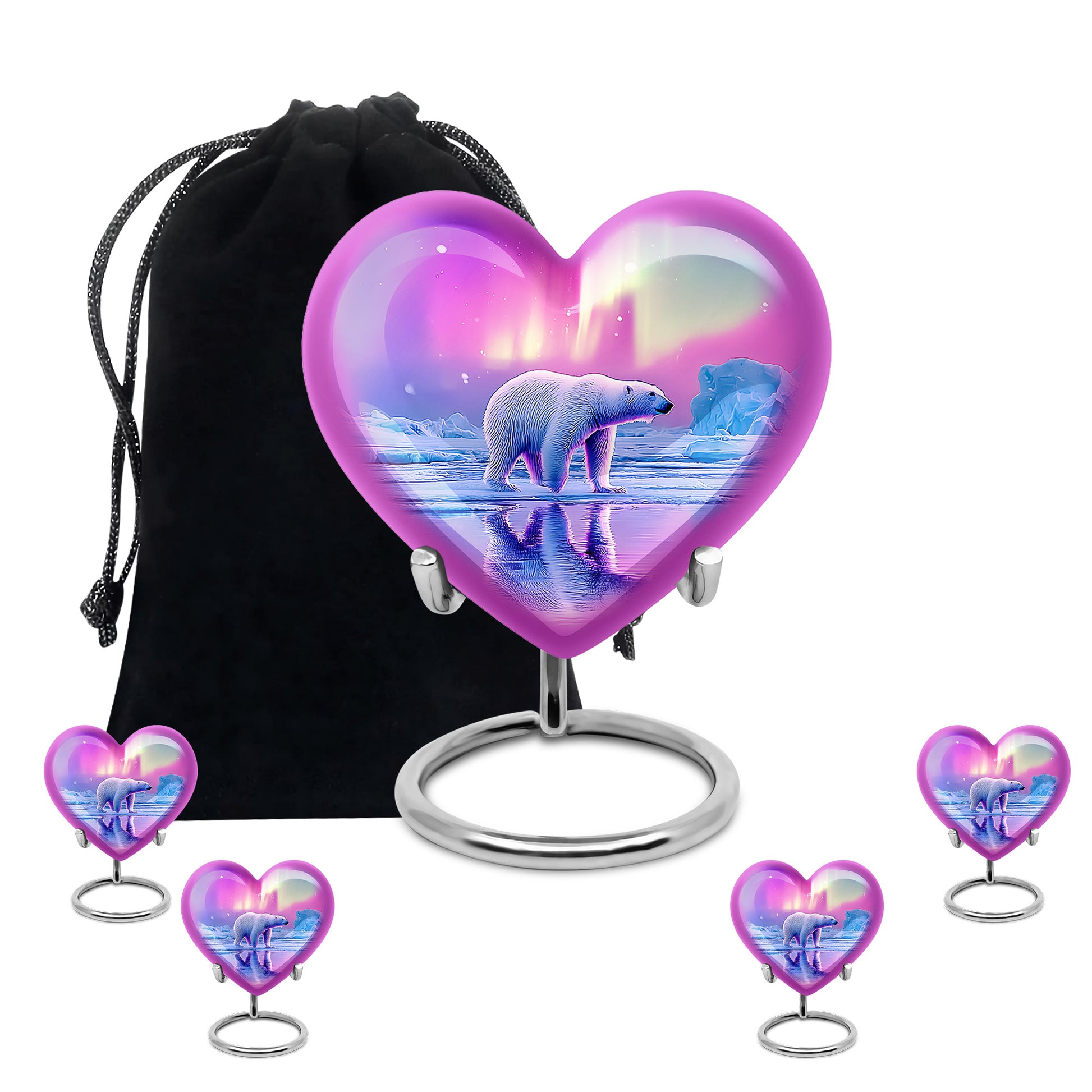 Coral Pink Bear Cremation Urn close-up of engraving and surface detail - heart-shaped bear design symbolizing eternal love - memorial set with one large and four small urns