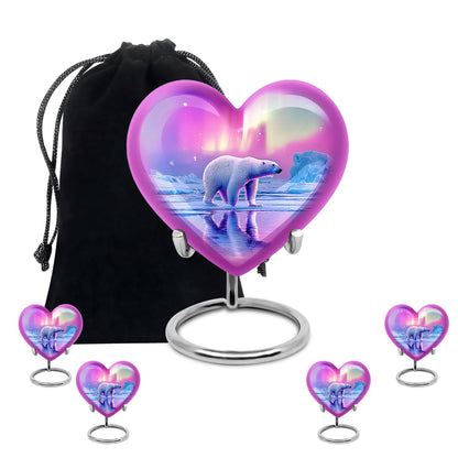 Coral Pink Bear Cremation Urn close-up of engraving and surface detail - heart-shaped bear design symbolizing eternal love - memorial set with one large and four small urns
