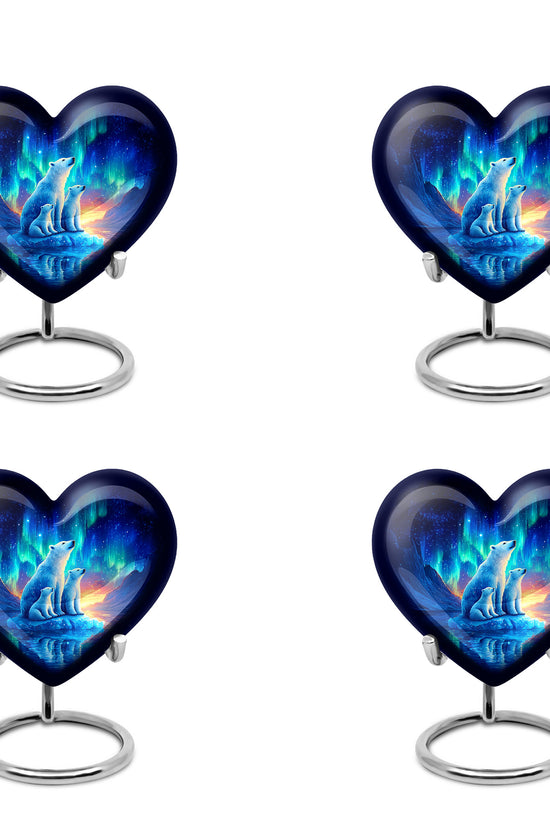 Steel Blue Bear Cremation Urn angled view of lid and engraved motif - compassionate heart-bear combination with gentle curves - 10 inch aluminum urn for cremated remains
