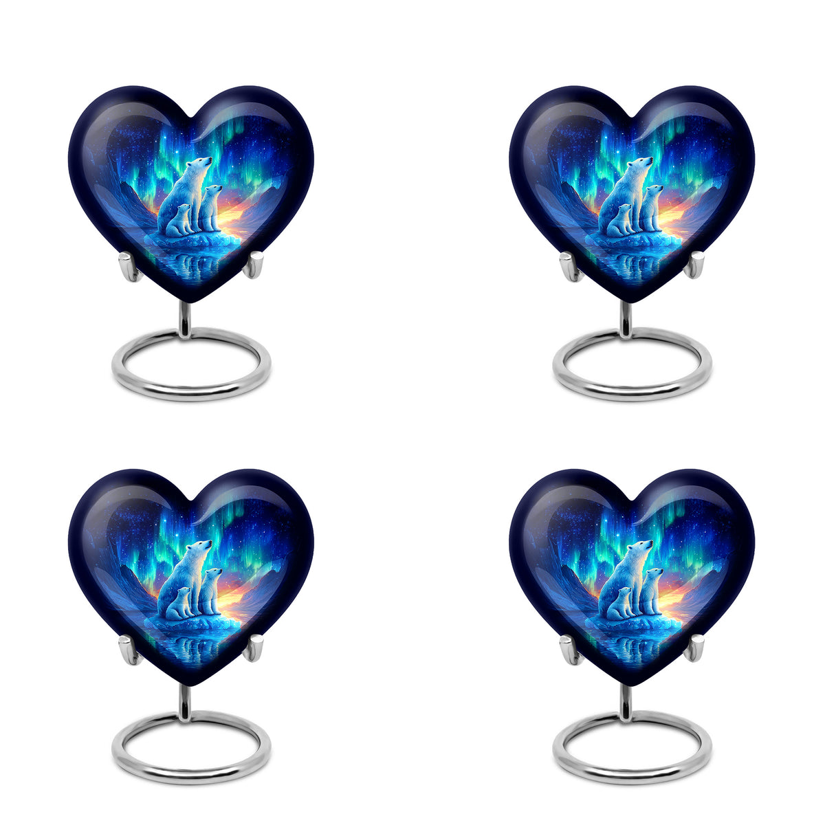 Steel Blue Bear Cremation Urn angled view of lid and engraved motif - compassionate heart-bear combination with gentle curves - 10 inch aluminum urn for cremated remains