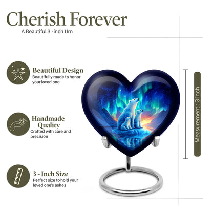 Indigo Bear Cremation Urn front view showing detailed design - loving heart memorial featuring bear pattern - mini keepsake memorial for portion of cremation ashes
