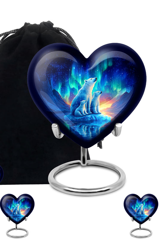 Celestial Blue Bear Cremation Urn close-up of engraving and surface detail - heart-shaped bear design symbolizing eternal love - memorial set with one large and four small urns