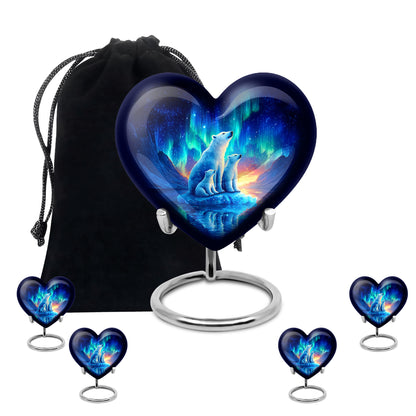 Celestial Blue Bear Cremation Urn close-up of engraving and surface detail - heart-shaped bear design symbolizing eternal love - memorial set with one large and four small urns