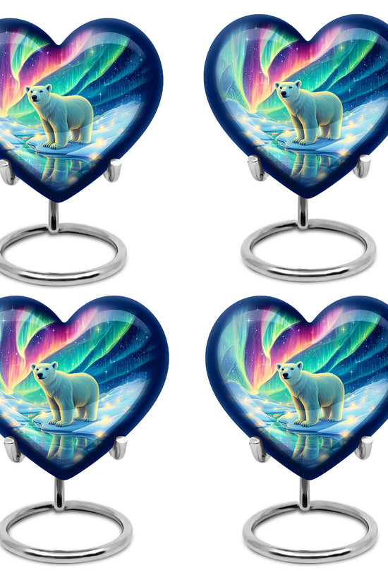 Cobalt Blue Bear Cremation Urn angled view of lid and engraved motif - compassionate heart-bear combination with gentle curves - 10 inch aluminum urn for cremated remains