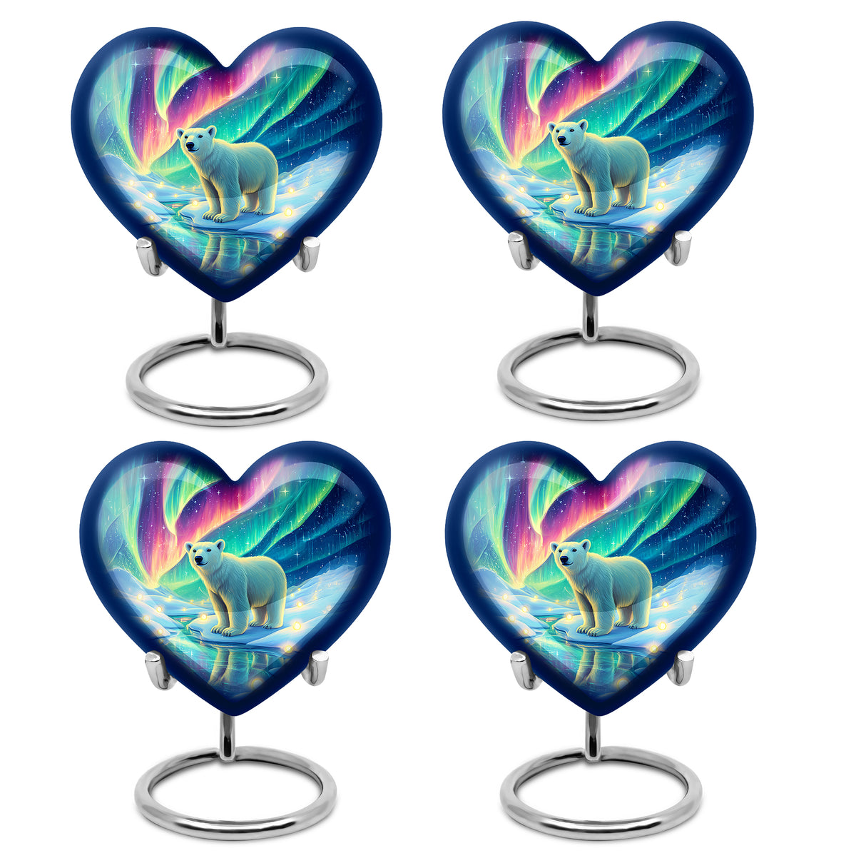 Cobalt Blue Bear Cremation Urn angled view of lid and engraved motif - compassionate heart-bear combination with gentle curves - 10 inch aluminum urn for cremated remains
