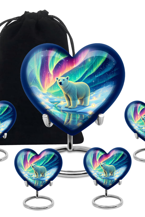 Indigo Bear Cremation Urn close-up of engraving and surface detail - loving heart memorial featuring bear pattern - memorial set with one large and four small urns