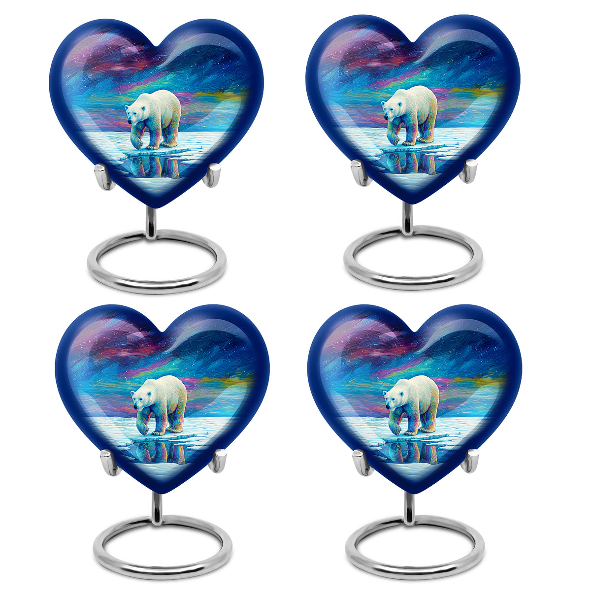 Sapphire Blue Bear Cremation Urn angled view of lid and engraved motif - compassionate heart-bear combination with gentle curves - 10 inch aluminum urn for cremated remains