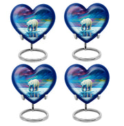 Sapphire Blue Bear Cremation Urn angled view of lid and engraved motif - compassionate heart-bear combination with gentle curves - 10 inch aluminum urn for cremated remains
