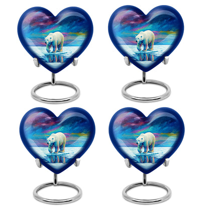 Sapphire Blue Bear Cremation Urn angled view of lid and engraved motif - compassionate heart-bear combination with gentle curves - 10 inch aluminum urn for cremated remains