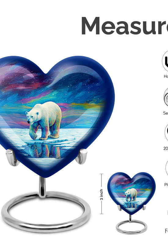 Twilight Blue Bear Cremation Urn front view showing detailed design - romantic heart urn with bear motif on aluminum - mini keepsake memorial for portion of cremation ashes
