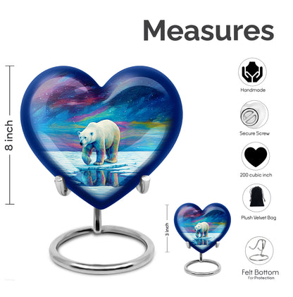 Twilight Blue Bear Cremation Urn front view showing detailed design - romantic heart urn with bear motif on aluminum - mini keepsake memorial for portion of cremation ashes