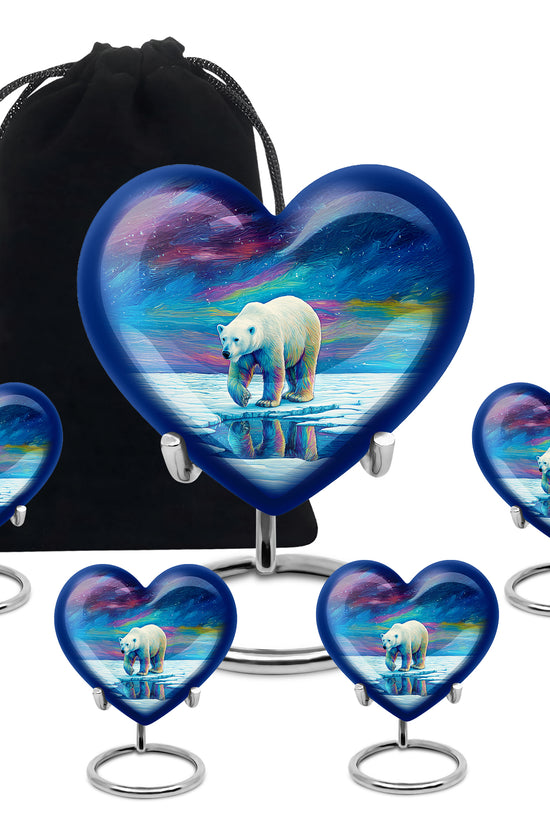 Indigo Bear Cremation Urn close-up of engraving and surface detail - heart-shaped bear design symbolizing eternal love - memorial set with one large and four small urns