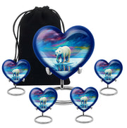 Indigo Bear Cremation Urn close-up of engraving and surface detail - heart-shaped bear design symbolizing eternal love - memorial set with one large and four small urns