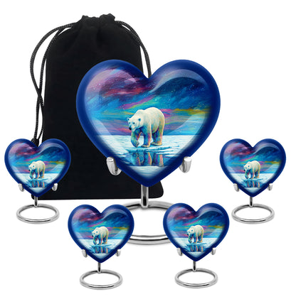 Indigo Bear Cremation Urn close-up of engraving and surface detail - heart-shaped bear design symbolizing eternal love - memorial set with one large and four small urns