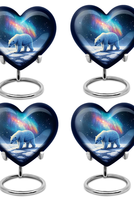 Icy Blue Bear Cremation Urn angled view of lid and engraved motif - heart-shaped bear design symbolizing eternal love - 10 inch aluminum urn for cremated remains