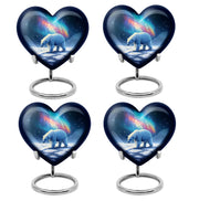 Icy Blue Bear Cremation Urn angled view of lid and engraved motif - heart-shaped bear design symbolizing eternal love - 10 inch aluminum urn for cremated remains