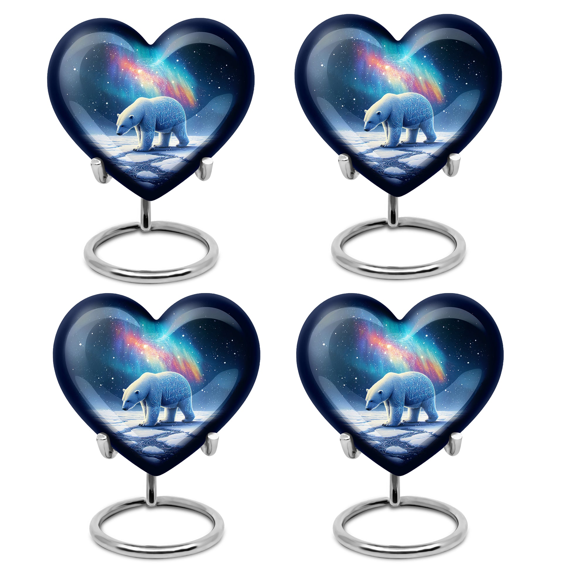 Icy Blue Bear Cremation Urn angled view of lid and engraved motif - heart-shaped bear design symbolizing eternal love - 10 inch aluminum urn for cremated remains