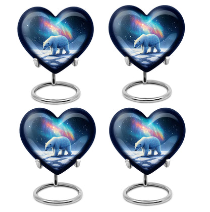 Icy Blue Bear Cremation Urn angled view of lid and engraved motif - heart-shaped bear design symbolizing eternal love - 10 inch aluminum urn for cremated remains