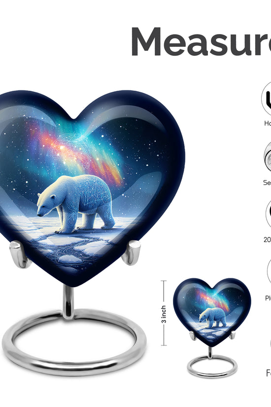 Royal Blue Bear Cremation Urn front view showing detailed design - romantic heart urn with bear motif on aluminum - mini keepsake memorial for portion of cremation ashes
