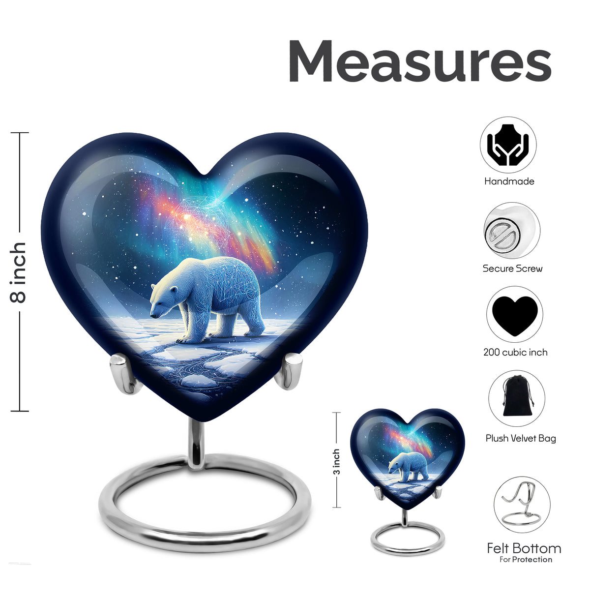 Royal Blue Bear Cremation Urn front view showing detailed design - romantic heart urn with bear motif on aluminum - mini keepsake memorial for portion of cremation ashes