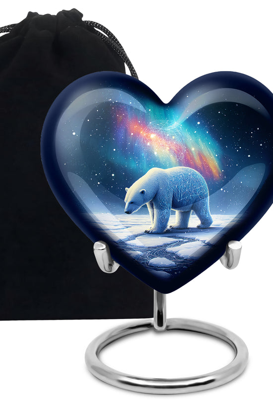 Cornflower Blue Bear Cremation Urn detail view - romantic heart urn with bear motif on aluminum - full-size 10 inch 200 cubic inch adult cremation urn
