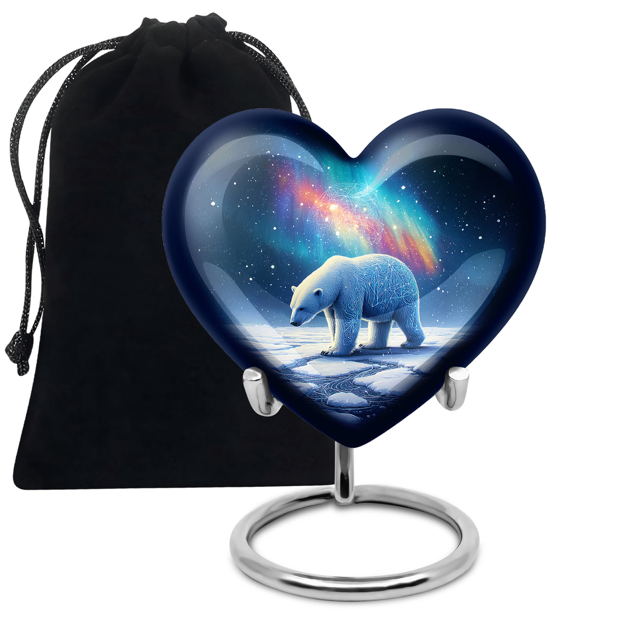 Cornflower Blue Bear Cremation Urn detail view - romantic heart urn with bear motif on aluminum - full-size 10 inch 200 cubic inch adult cremation urn