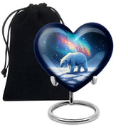 Cornflower Blue Bear Cremation Urn detail view - romantic heart urn with bear motif on aluminum - full-size 10 inch 200 cubic inch adult cremation urn