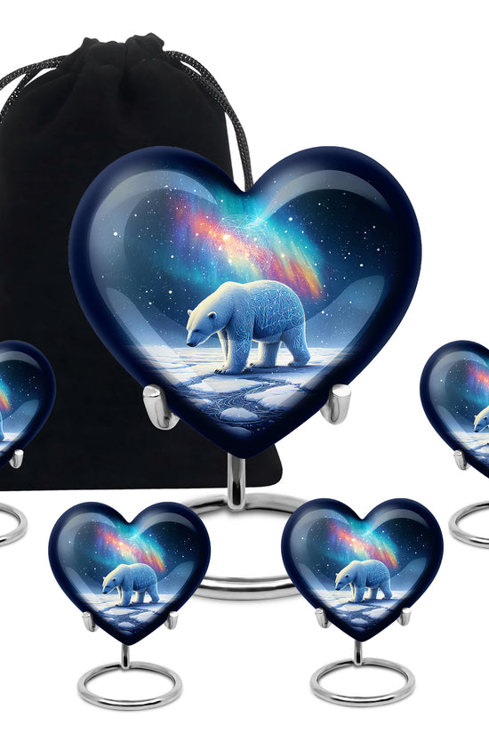 Steel Blue Bear Cremation Urn close-up of engraving and surface detail - romantic heart urn with bear motif on aluminum - memorial set with one large and four small urns
