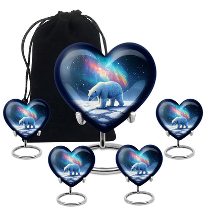 Steel Blue Bear Cremation Urn close-up of engraving and surface detail - romantic heart urn with bear motif on aluminum - memorial set with one large and four small urns
