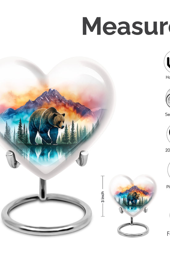 Frosted Silver Bear Cremation Urn front view showing detailed design - romantic heart urn with bear motif on aluminum - mini keepsake memorial for portion of cremation ashes