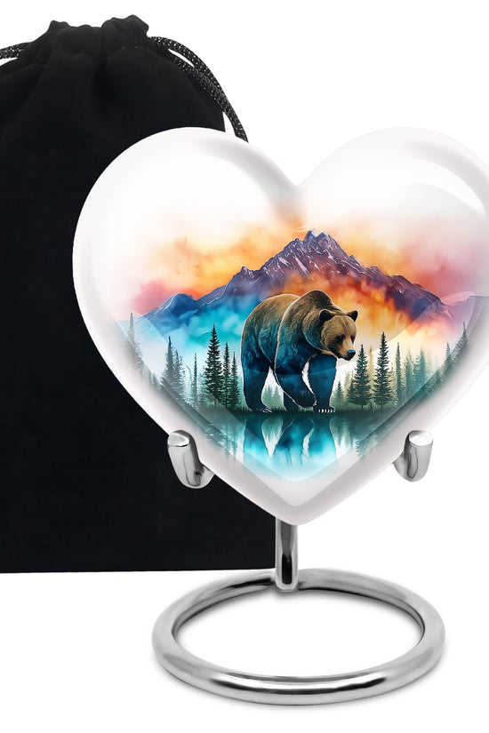 Antique Silver Bear Cremation Urn detail view - compassionate heart-bear combination with gentle curves - full-size 10 inch 200 cubic inch adult cremation urn
