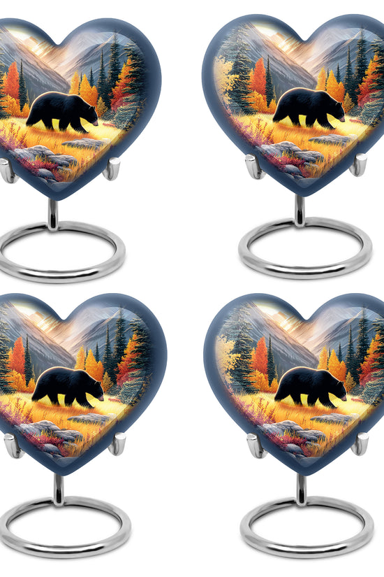 Harvest Gold Bear Cremation Urn angled view of lid and engraved motif - romantic heart urn with bear motif on aluminum - 10 inch aluminum urn for cremated remains