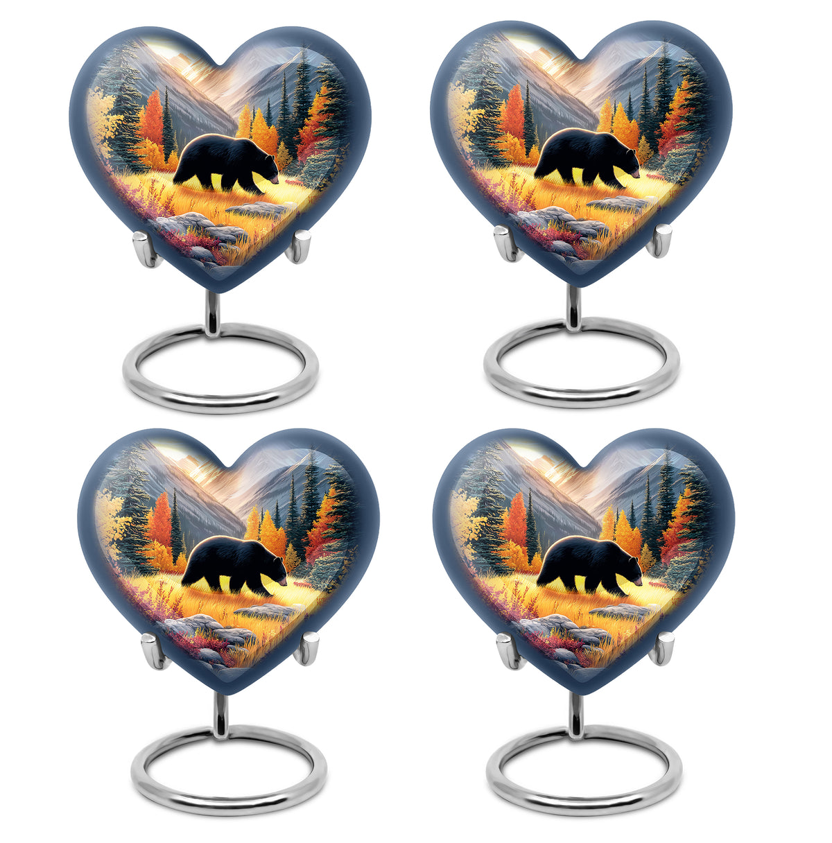 Harvest Gold Bear Cremation Urn angled view of lid and engraved motif - romantic heart urn with bear motif on aluminum - 10 inch aluminum urn for cremated remains