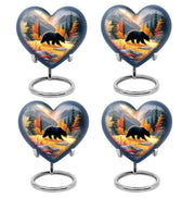 Harvest Gold Bear Cremation Urn angled view of lid and engraved motif - romantic heart urn with bear motif on aluminum - 10 inch aluminum urn for cremated remains