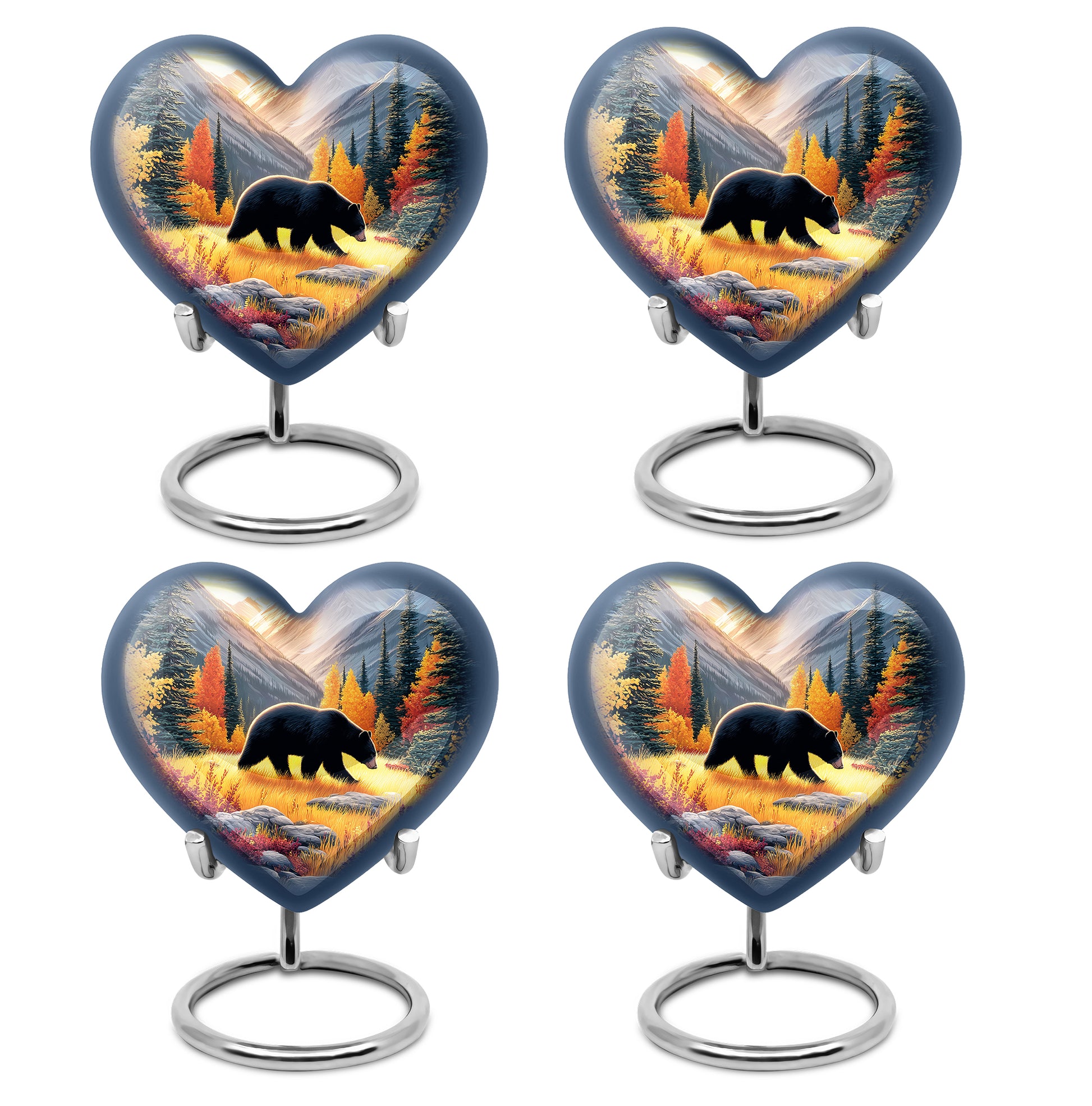 Harvest Gold Bear Cremation Urn angled view of lid and engraved motif - romantic heart urn with bear motif on aluminum - 10 inch aluminum urn for cremated remains
