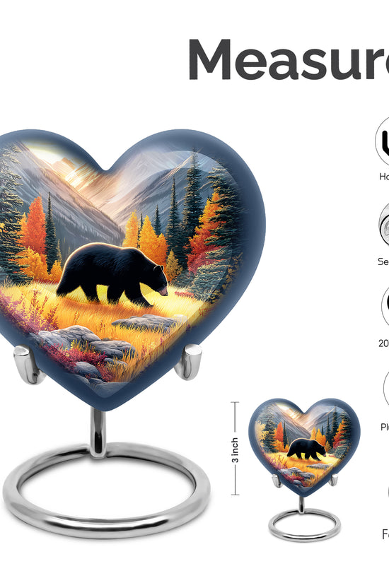 Matte Gold Bear Cremation Urn front view showing detailed design - romantic heart urn with bear motif on aluminum - mini keepsake memorial for portion of cremation ashes