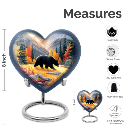 Matte Gold Bear Cremation Urn front view showing detailed design - romantic heart urn with bear motif on aluminum - mini keepsake memorial for portion of cremation ashes