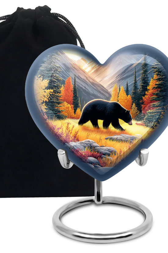 Harvest Gold Bear Cremation Urn detail view - romantic heart urn with bear motif on aluminum - full-size 10 inch 200 cubic inch adult cremation urn