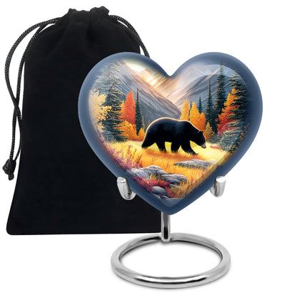 Harvest Gold Bear Cremation Urn detail view - romantic heart urn with bear motif on aluminum - full-size 10 inch 200 cubic inch adult cremation urn
