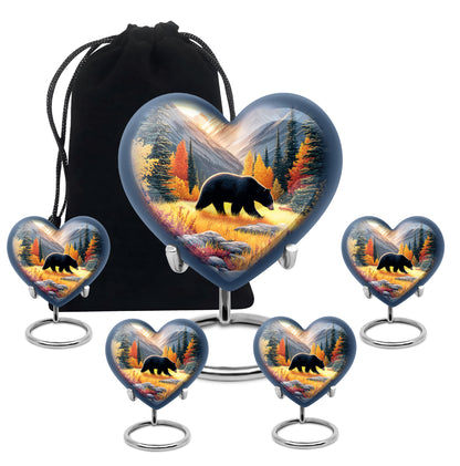 Sunrise Gold Bear Cremation Urn close-up of engraving and surface detail - heart-shaped bear design symbolizing eternal love - memorial set with one large and four small urns