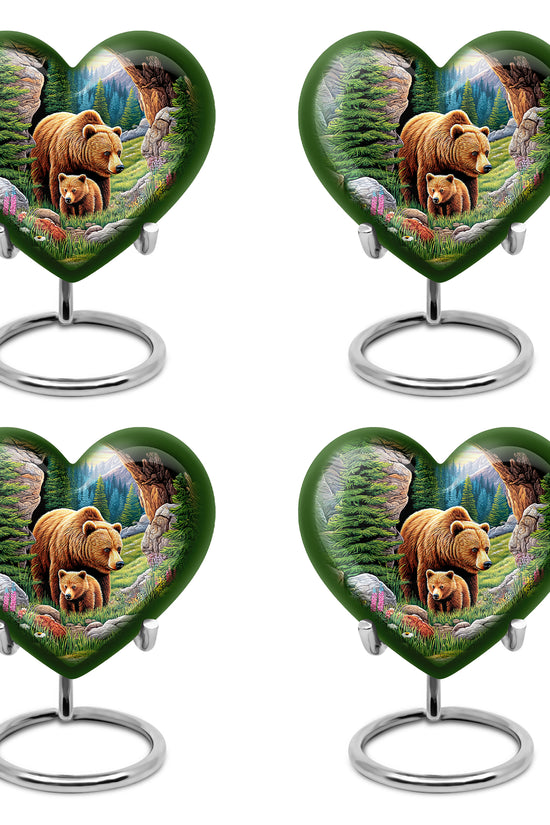 Mint Green Bear Cremation Urn angled view of lid and engraved motif - compassionate heart-bear combination with gentle curves - 10 inch aluminum urn for cremated remains