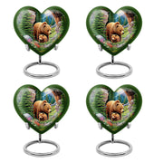 Mint Green Bear Cremation Urn angled view of lid and engraved motif - compassionate heart-bear combination with gentle curves - 10 inch aluminum urn for cremated remains