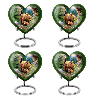Mint Green Bear Cremation Urn angled view of lid and engraved motif - compassionate heart-bear combination with gentle curves - 10 inch aluminum urn for cremated remains