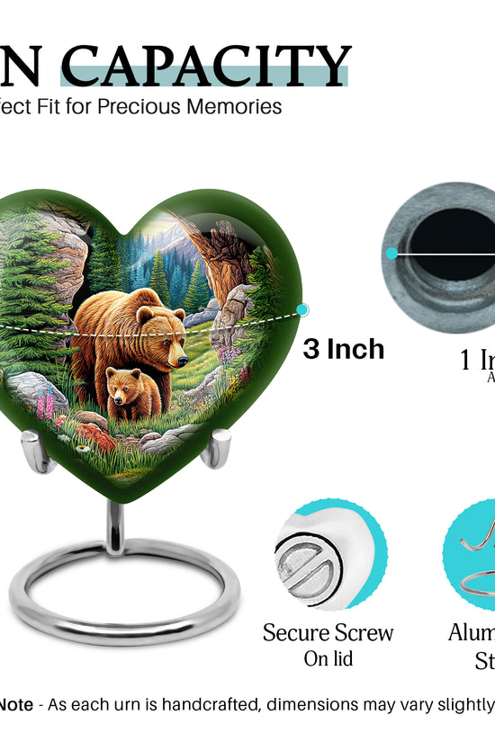 Sage Green Bear Cremation Urn front view showing detailed design - loving heart memorial featuring bear pattern - mini keepsake memorial for portion of cremation ashes